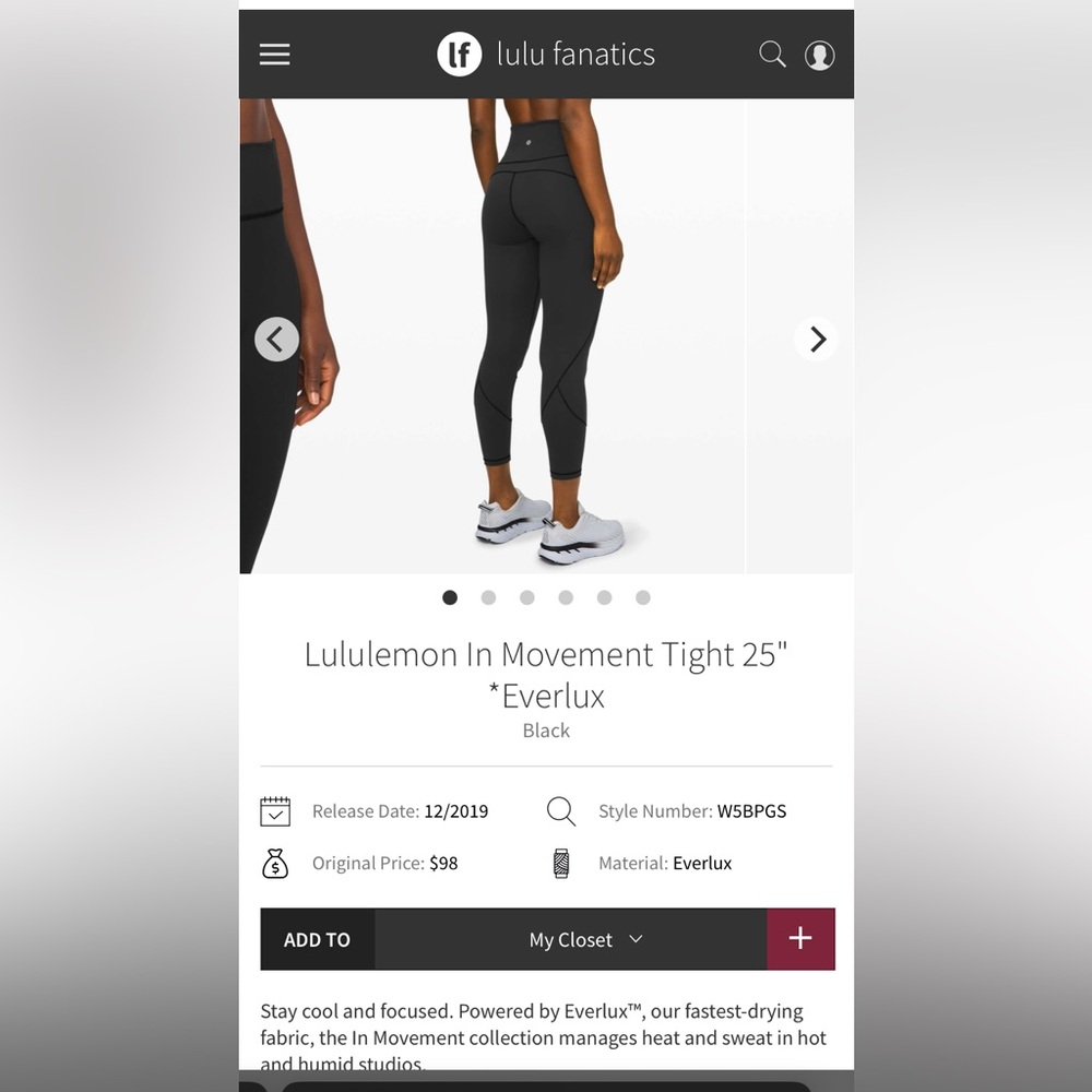 Lululemon In Movement Tight 25" *Everlux Black Size 6 - Picture 10 of 11